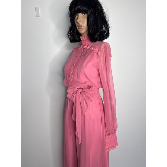 1970s Pink Chiffon Prairie Maxi High Neck Dress Lace Trim LGWD Canada XS - Picture 9 of 17